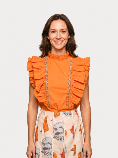 Blusa Olivia com Babados e Detalhes em Strass – Laranja Vibrante