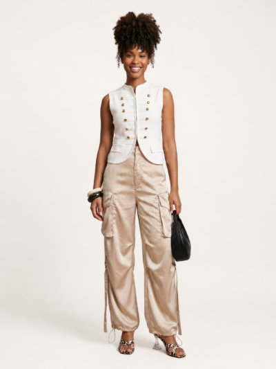 Calça Adriana em Tecido Acetinado Estilo Cargo – Champagne