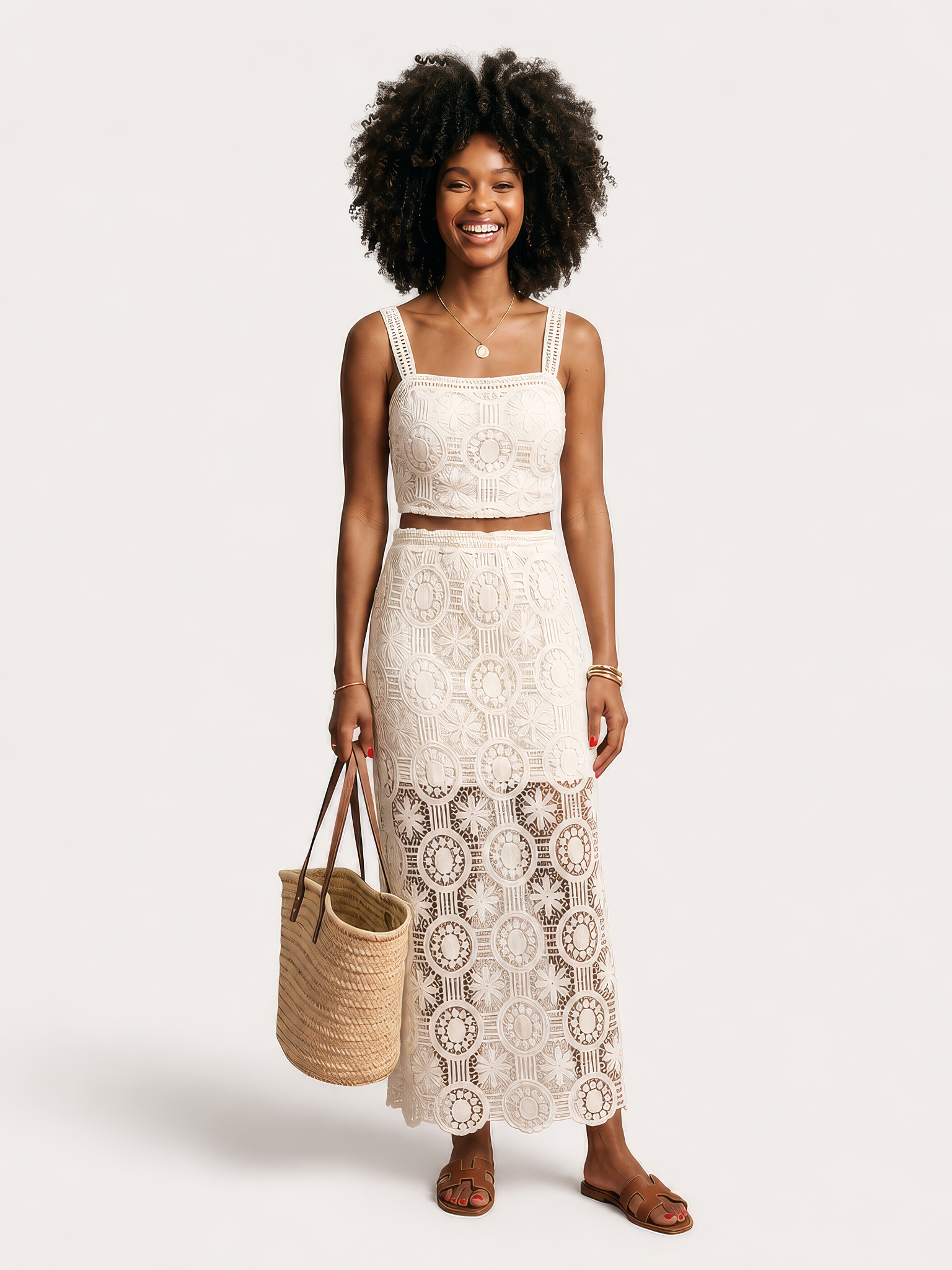 Conjunto Bahia em Renda Guipir Floral Off-White