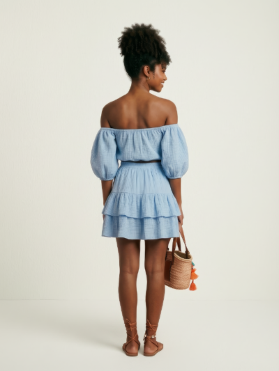 Conjunto Branda em Algodão com Detalhe de Flor – Azul Bebê
