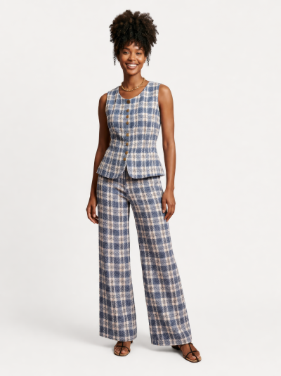 Conjunto Diana em Alfaiataria Xadrez – Azul e Off-White