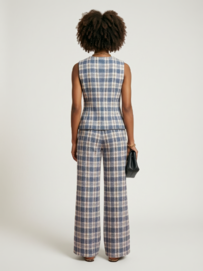 Conjunto Diana em Alfaiataria Xadrez – Azul e Off-White