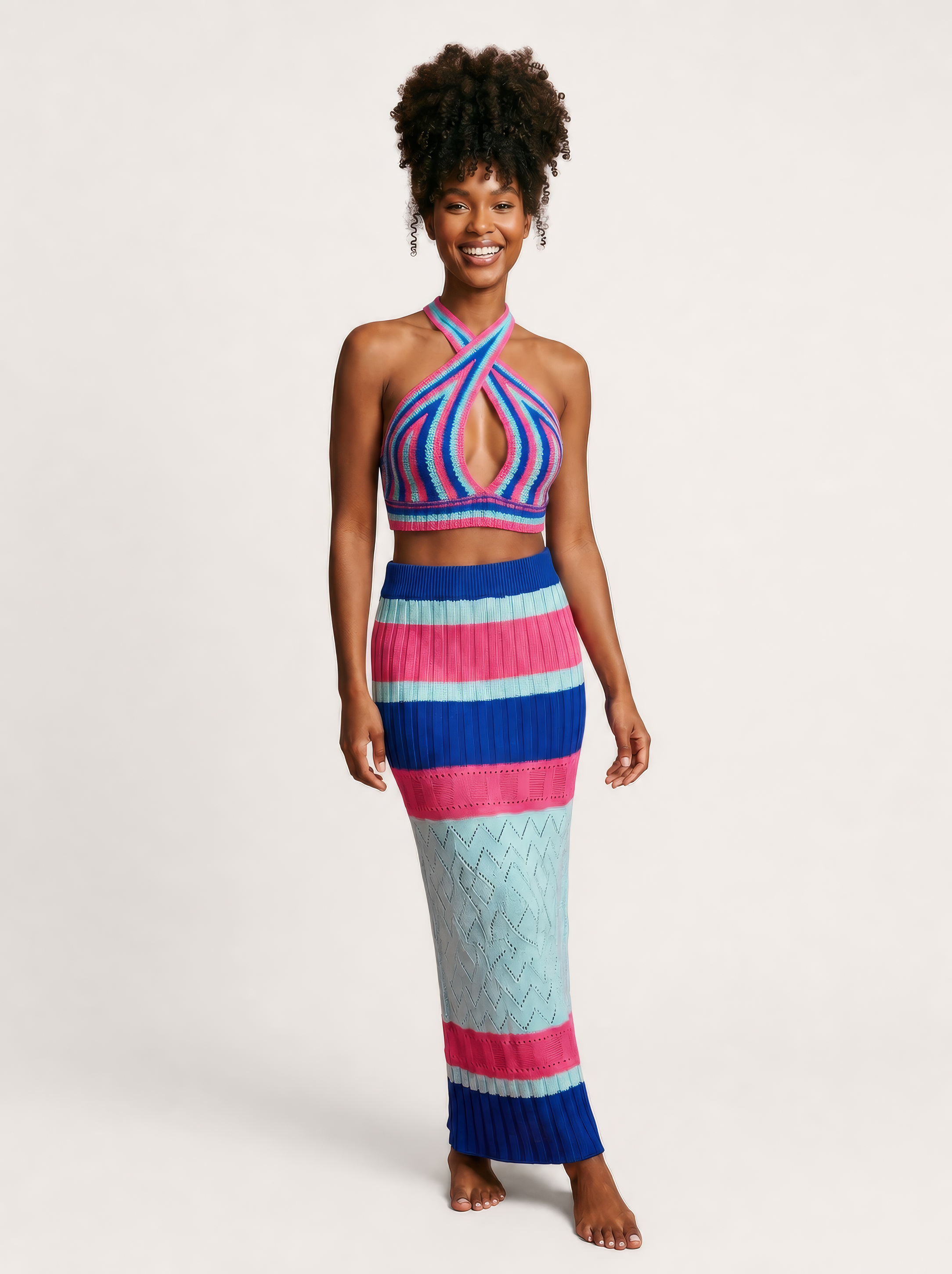 Conjunto Faro em Tricô Listrado Top e Saia Longa Azul e Rosa