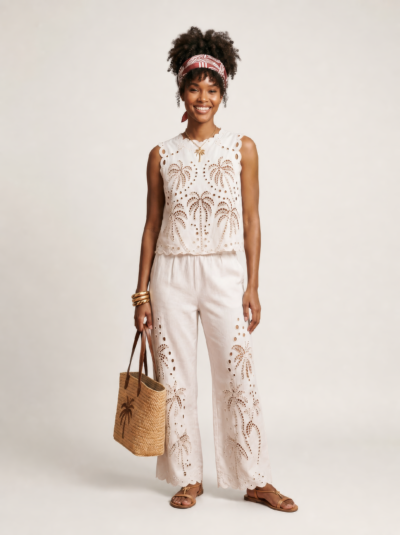Conjunto Luzma em Algodão e Linho com Bordados Tropicais – Branco