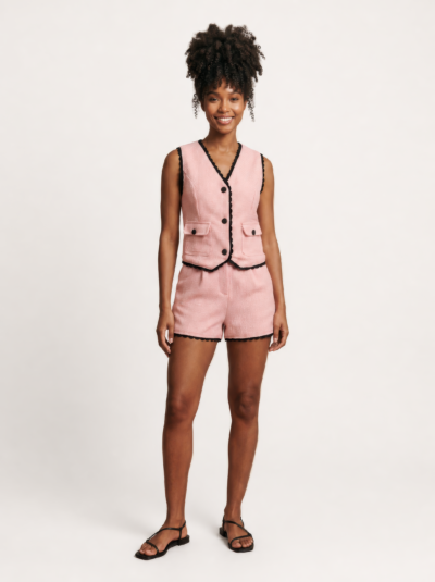 Conjunto Marta em Tweed de Algodão – Rosa com Detalhes em Preto