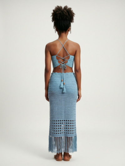 Conjunto Medellín em Crochê com Franjas e Amarração – Azul Celeste