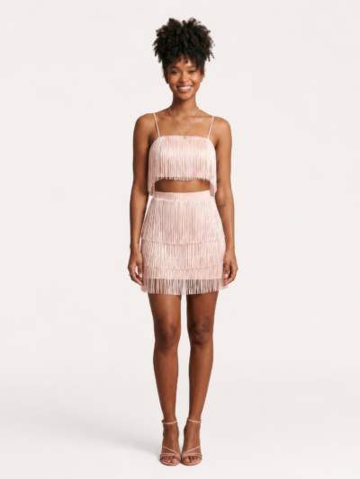 Conjunto Miami com Franjas em Camadas – Rosa Pastel