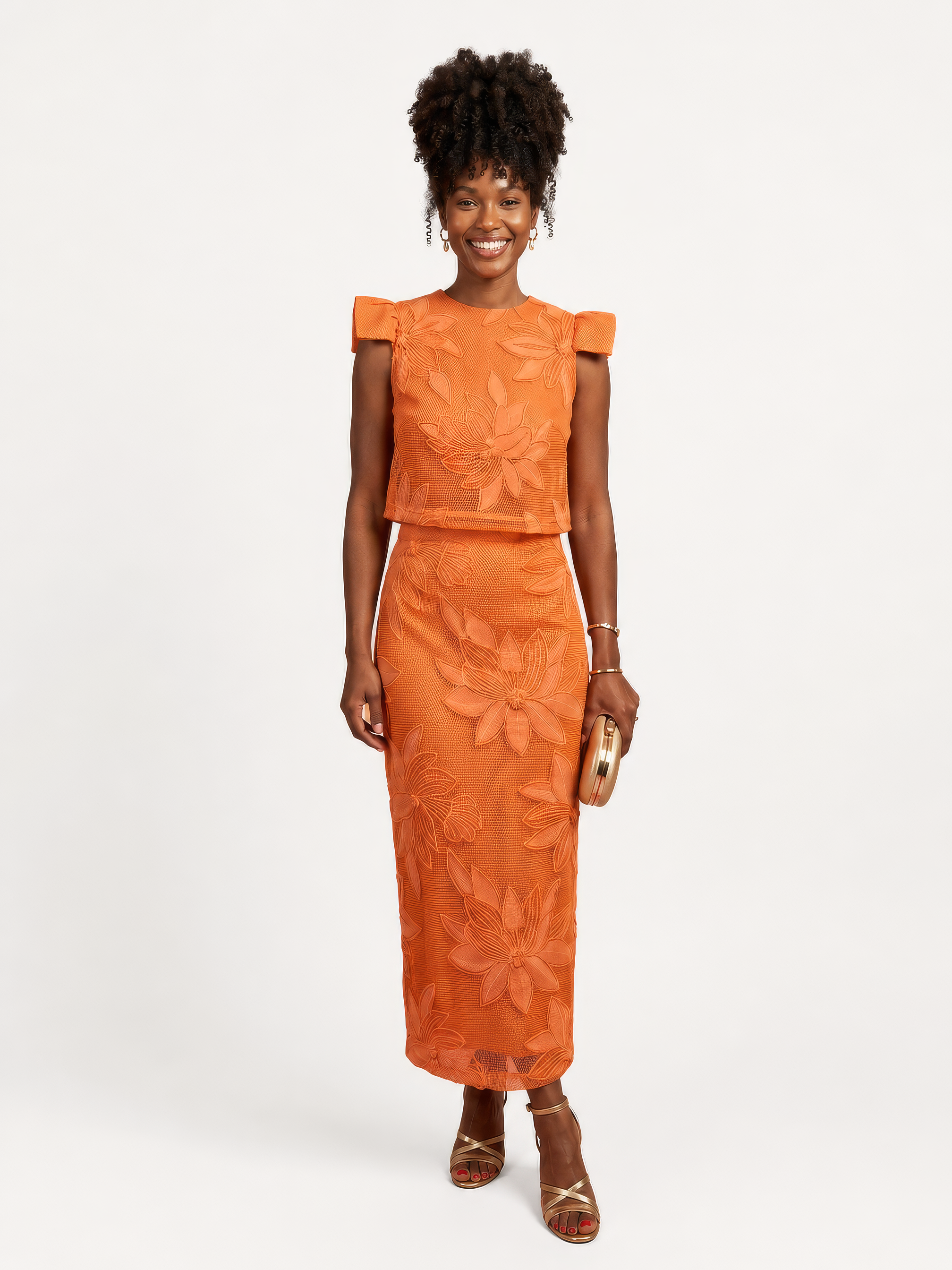 Conjunto Taylor Midi em Laise Floral com Forro – Laranja Vibrante Conjunto Taylor Midi em Laise Floral com Forro – Laranja Vibrante