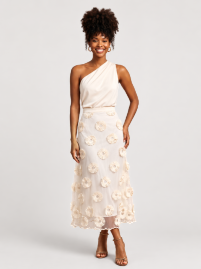 Saia Midi Cayetana com Aplicações Florais – Off-White