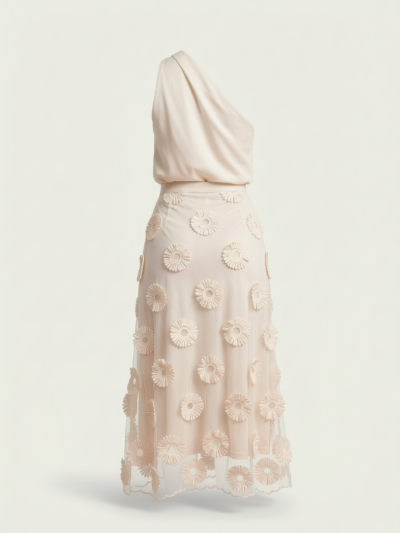 Saia Midi Cayetana com Aplicações Florais – Off-White