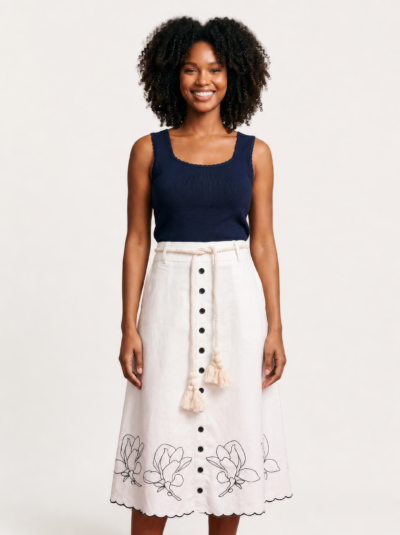 Saia Midi Dominique 100% Algodão com Cinto e Bordados – Branco