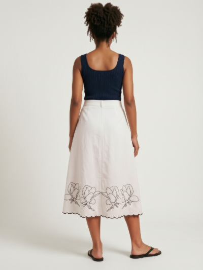 Saia Midi Dominique 100% Algodão com Cinto e Bordados – Branco