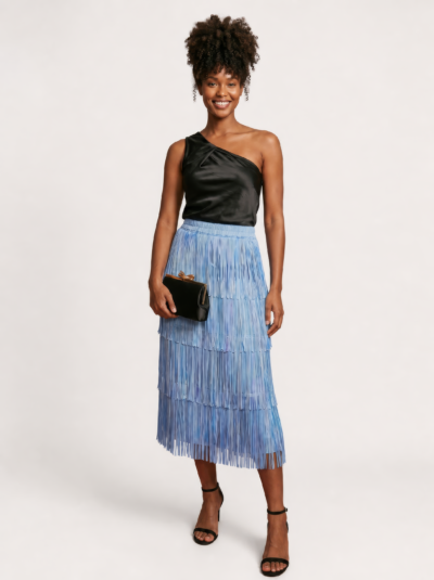 Saia Midi Ebrar com Camadas de Franjas – Azul Claro