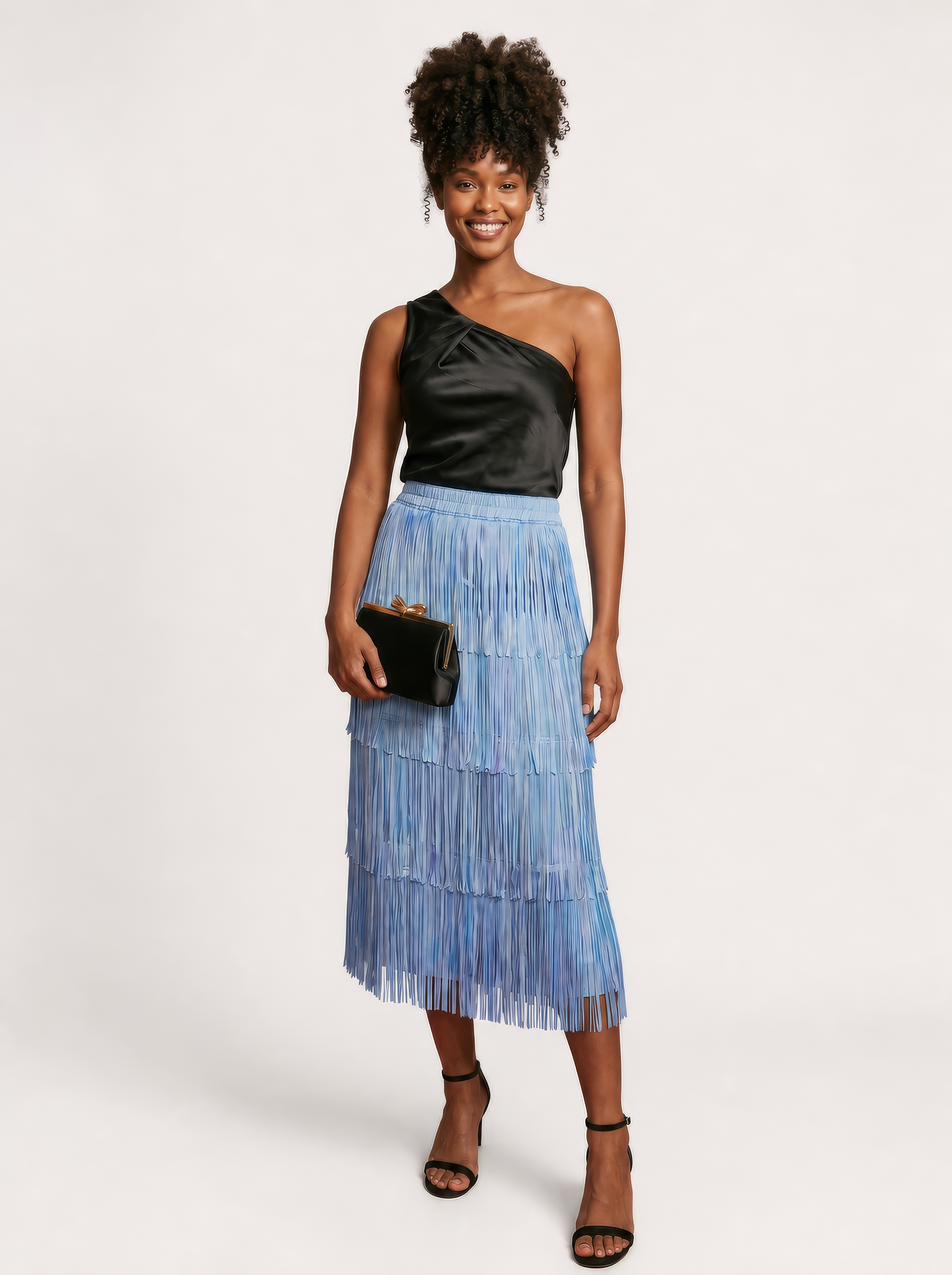 Saia Midi Ebrar com Camadas de Franjas Azul Claro