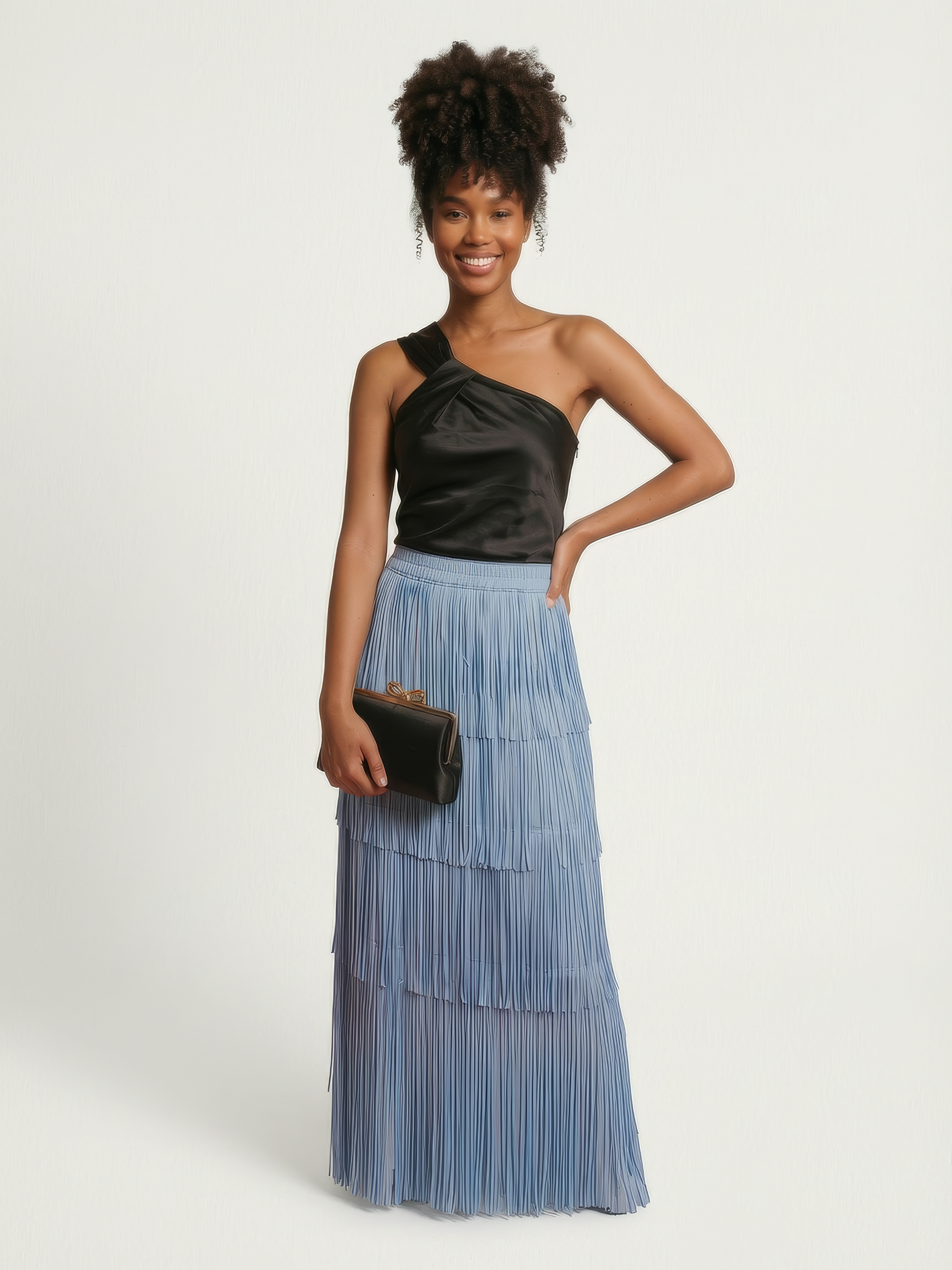 Saia Midi Ebrar com Camadas de Franjas – Azul Claro Saia Midi Ebrar com Camadas de Franjas – Azul Claro