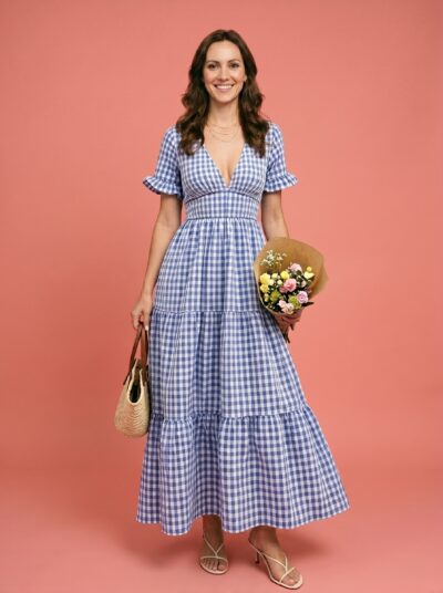 Vestido Midi Xadrez Vichy com Babados - Azul