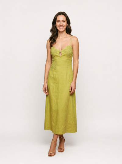 Vestido em Viscolinho com Aplicações Florais – Verde