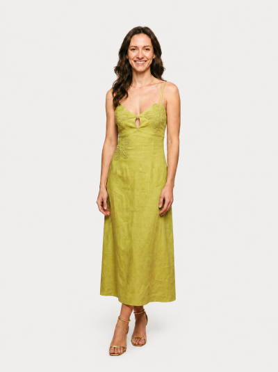 Vestido em Viscolinho com Aplicações Florais – Verde