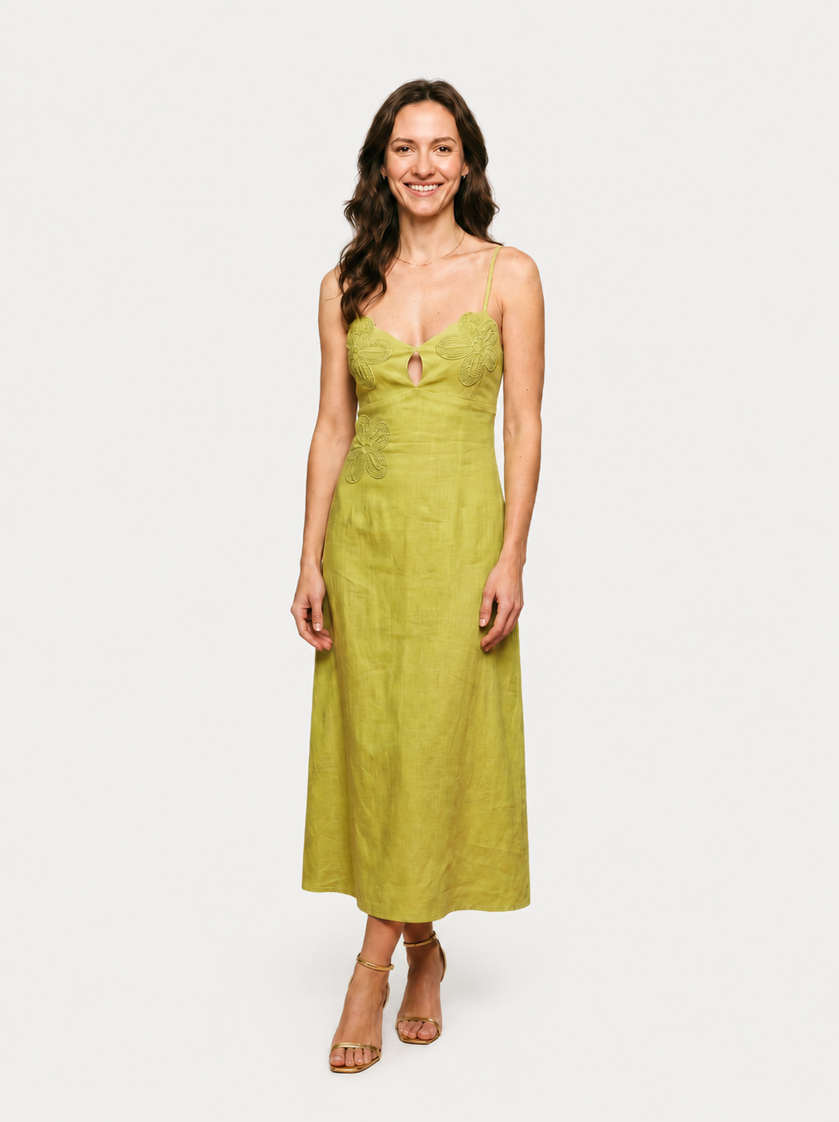 Vestido em Viscolinho com Aplicações Florais – Verde Vestido em Viscolinho com Aplicações Florais – Verde