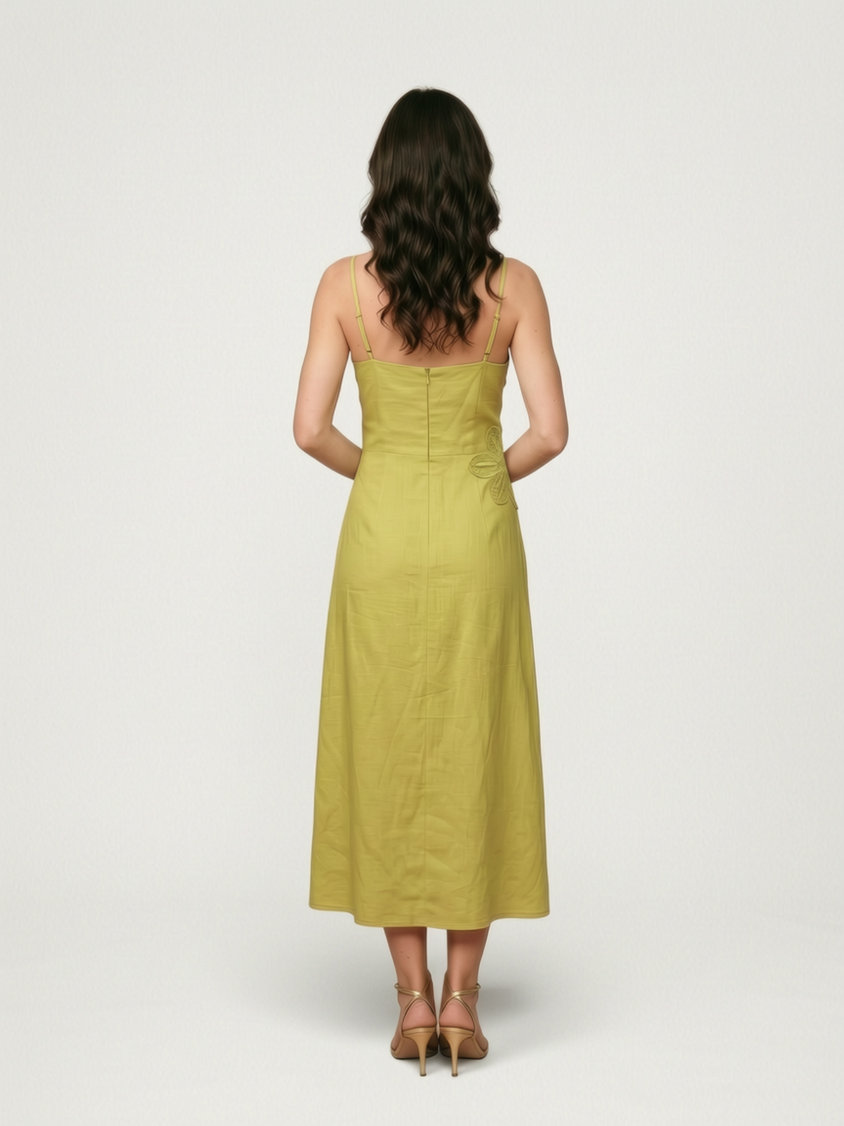 Vestido em Viscolinho com Aplicações Florais – Verde Vestido em Viscolinho com Aplicações Florais – Verde