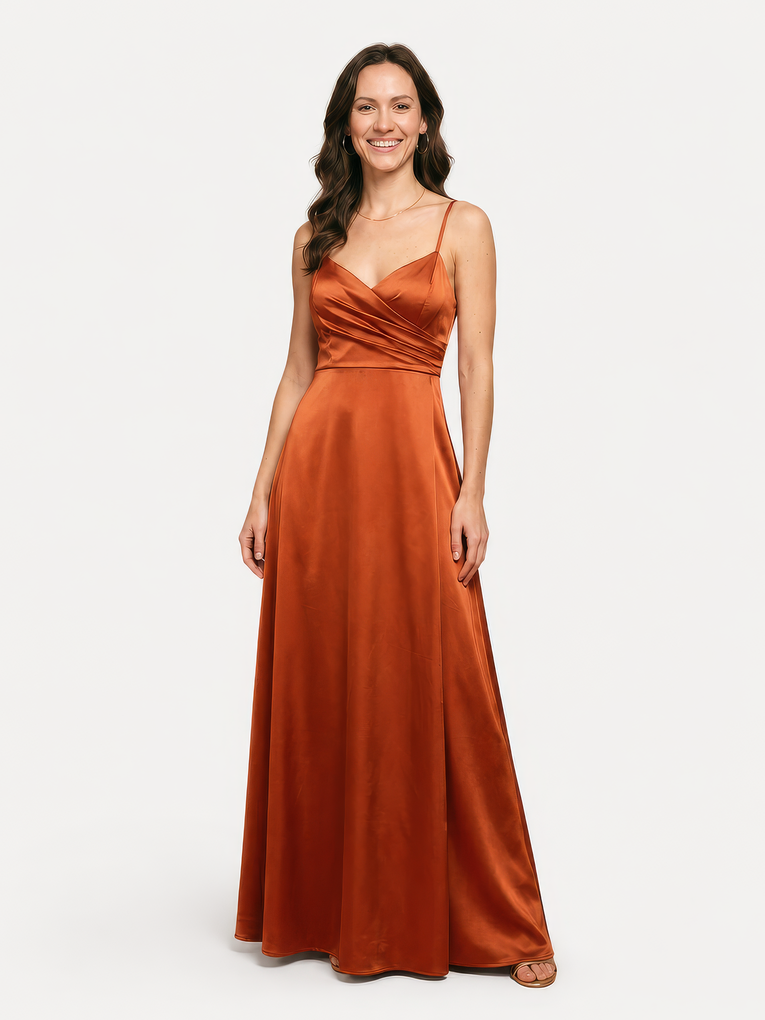 Vestido Longo Acetinado com Amarração nas Costas Terracota