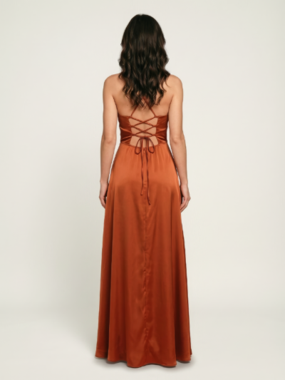 Vestido Longo Acetinado com Amarração nas Costas – Terracota