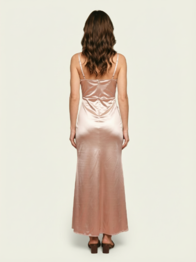 Vestido Longo Acetinado para Festas com Fenda – Bege