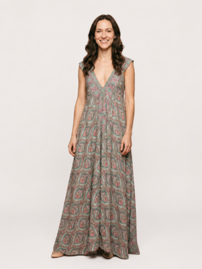 Vestido Longo Estampado em Seda com Decote em V – Verde