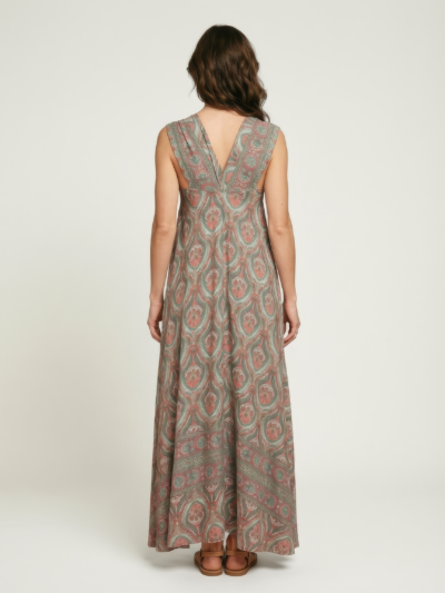 Vestido Longo Estampado em Seda com Decote em V – Verde