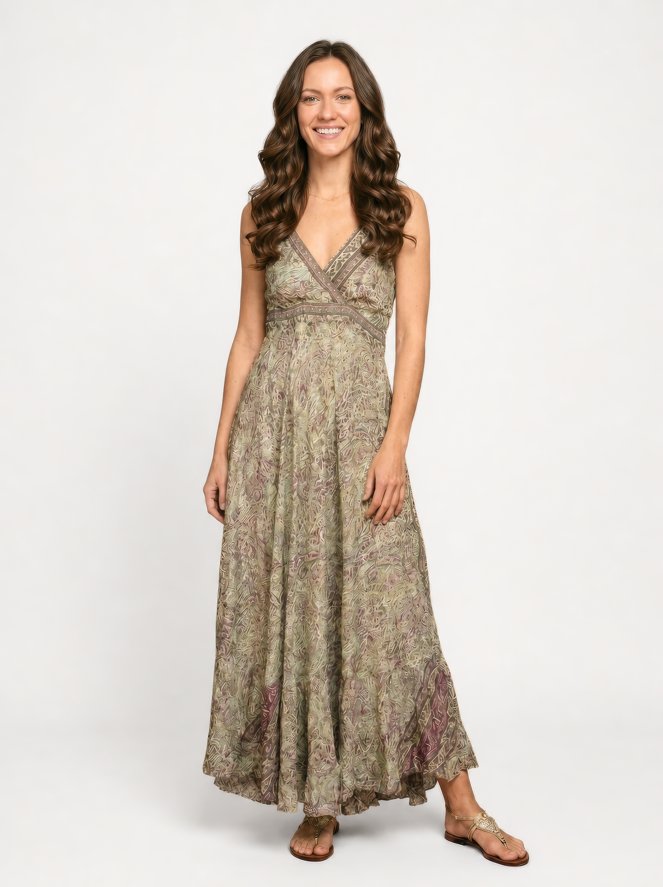 Vestido Longo Étnico em Seda Verde Claro