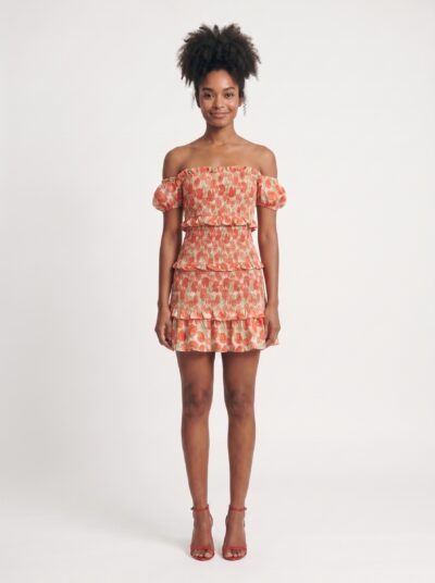 Vestido Ombro a Ombro com Folhos Laranja Noria