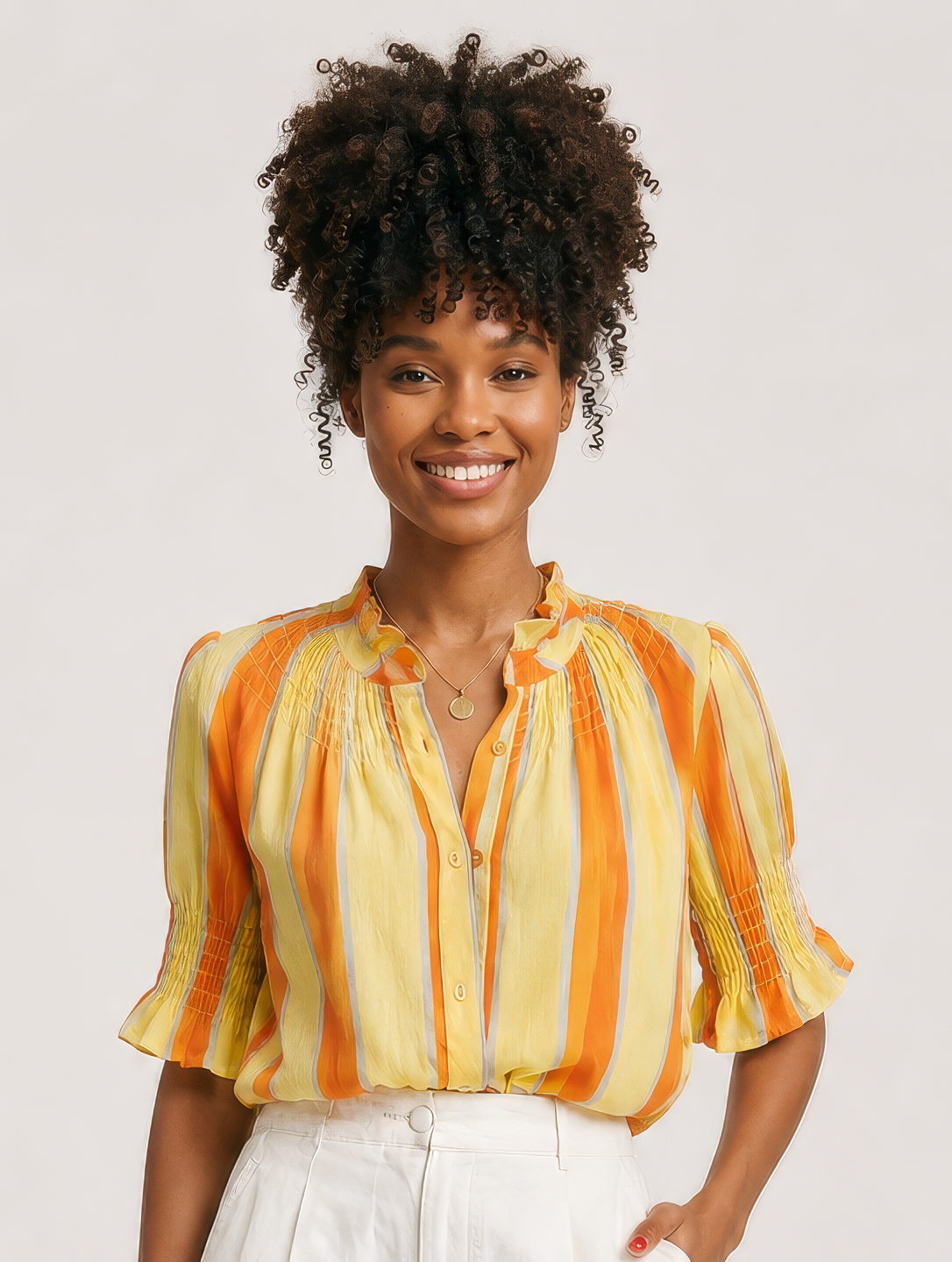 Camisa Charme em Listras Amarelas e Laranja Camisa Charme em Listras Amarelas e Laranja