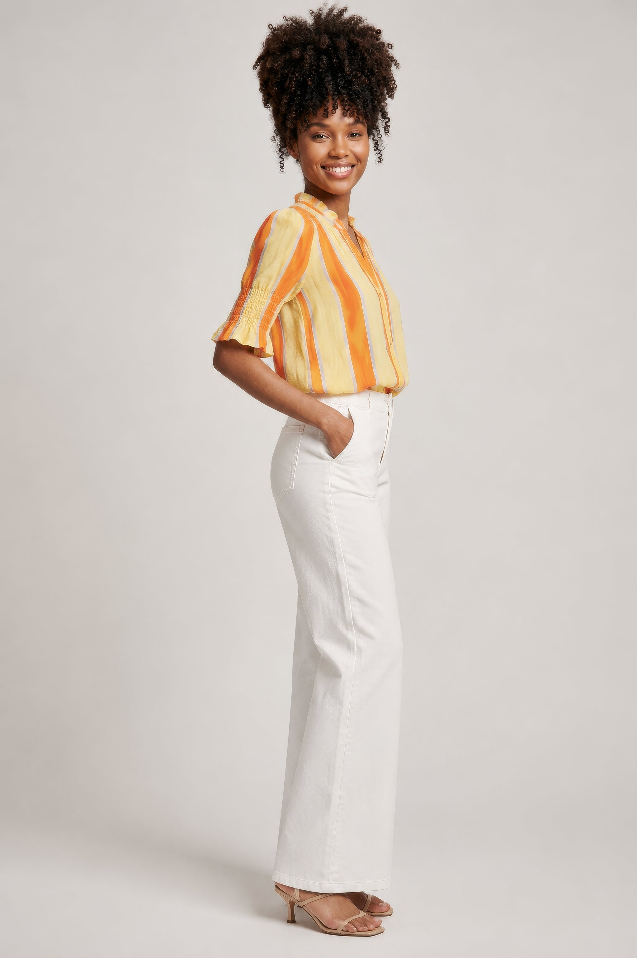Camisa Charme em Listras Amarelas e Laranja Camisa Charme em Listras Amarelas e Laranja