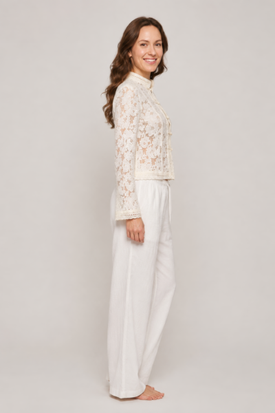 Camisa de Renda Elegante com Gola Mandarin