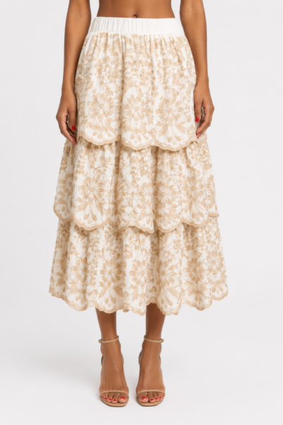 Saia Maxi Camadas Floral Bege