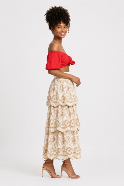 Saia Maxi Camadas Floral Bege