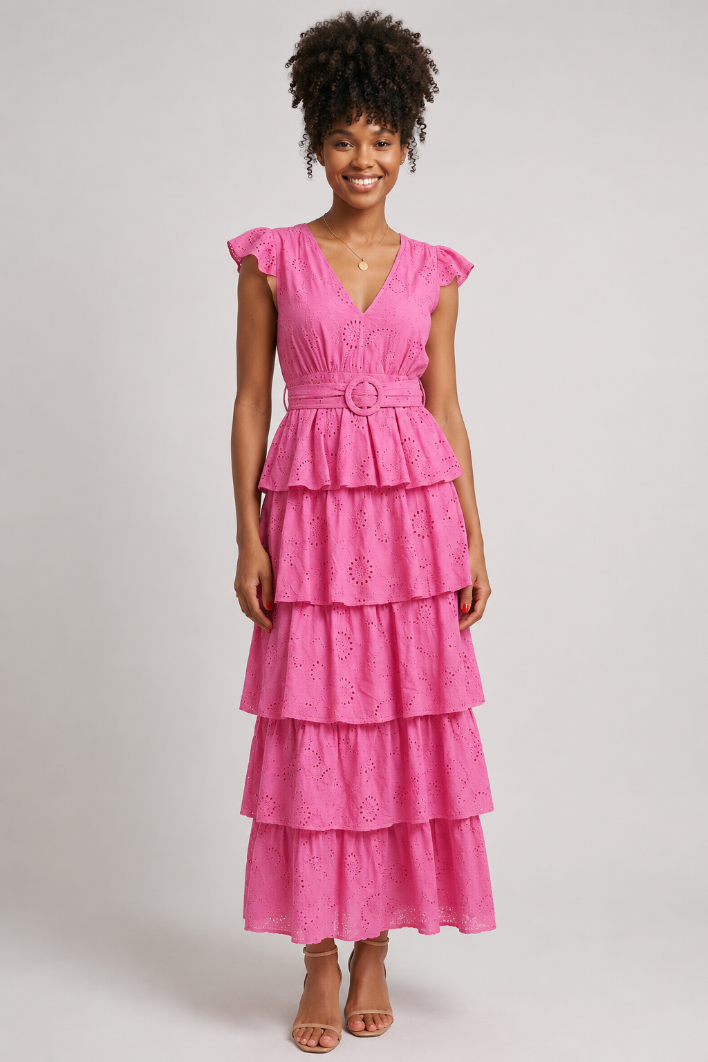 Vestido Longo Rosa com Rendas em Camadas