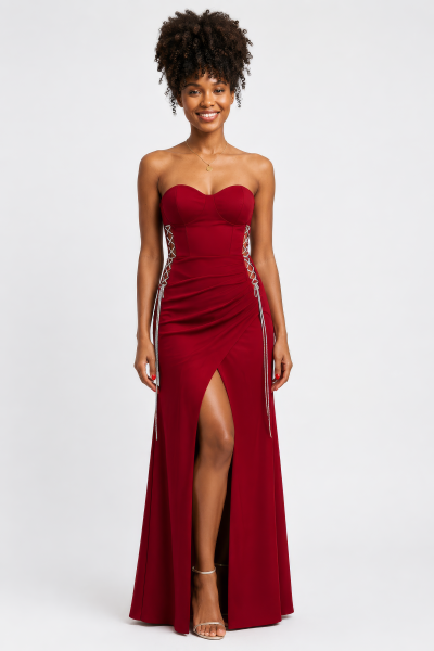 Vestido Longo Vermelho com Detalhes em Renda