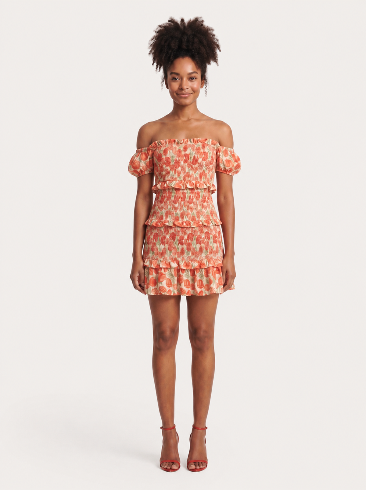 Vestido Ombro a Ombro com Folhos Laranja Noria Vestido Ombro a Ombro com Folhos Laranja Noria