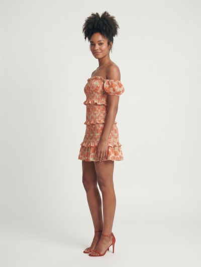 Vestido Ombro a Ombro com Folhos Laranja Noria