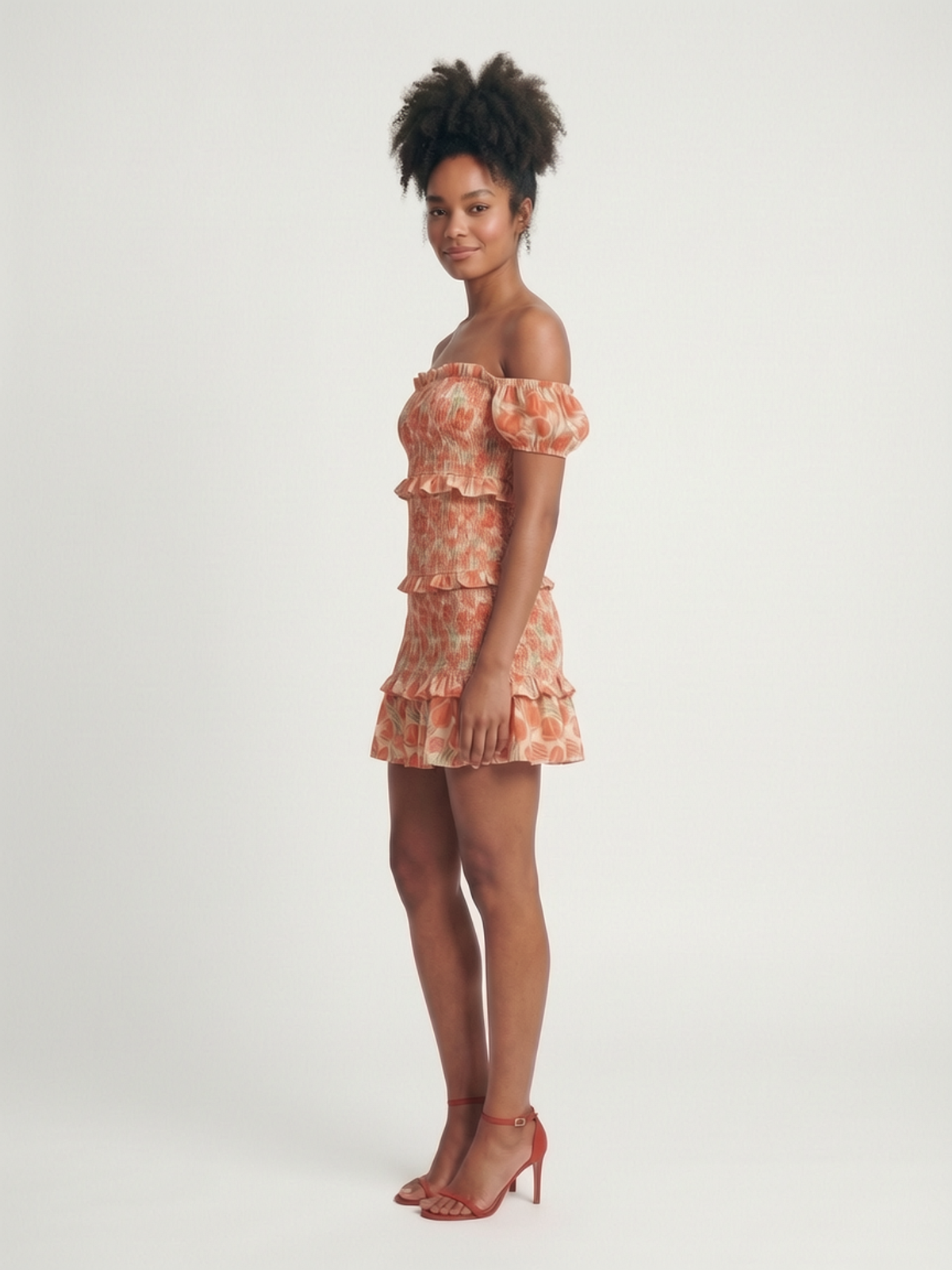 Vestido Ombro a Ombro com Folhos Laranja Noria Vestido Ombro a Ombro com Folhos Laranja Noria
