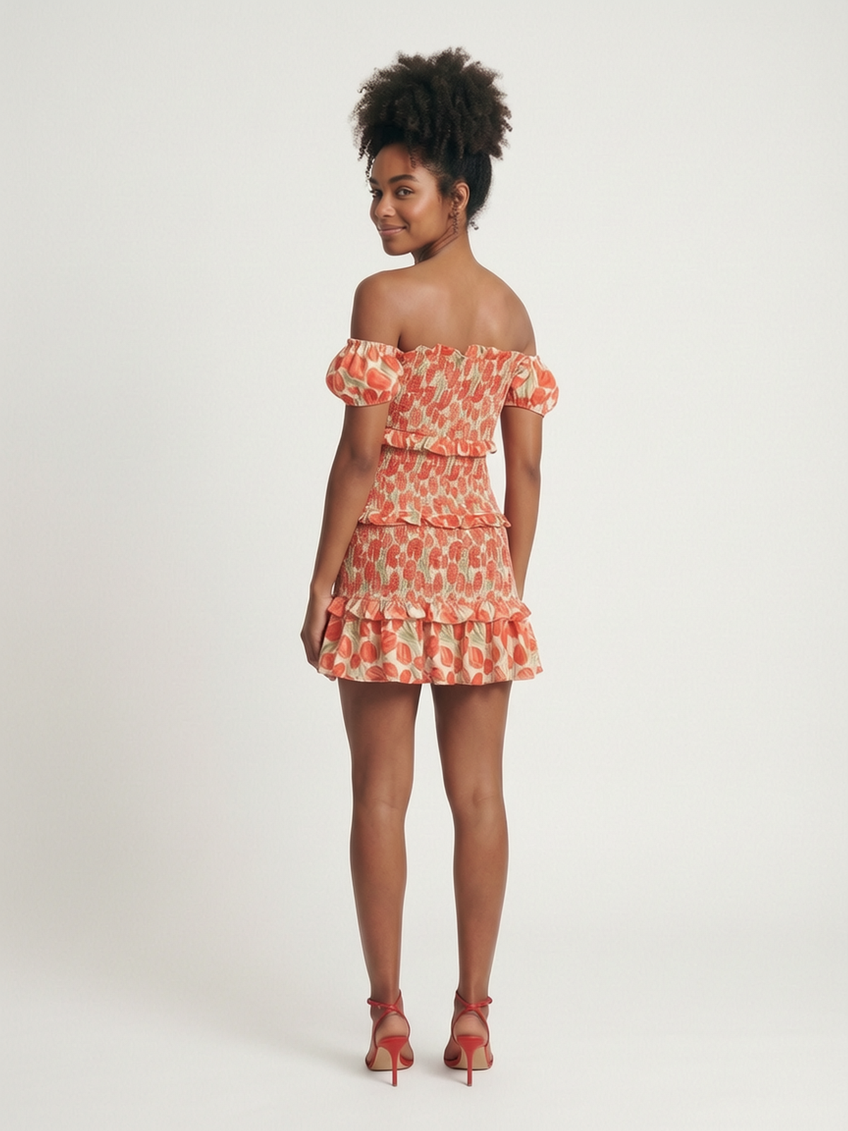 Vestido Ombro a Ombro com Folhos Laranja Noria Vestido Ombro a Ombro com Folhos Laranja Noria