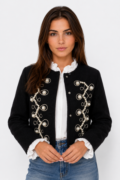 Casaco Elegante com Fecho de Pérolas
